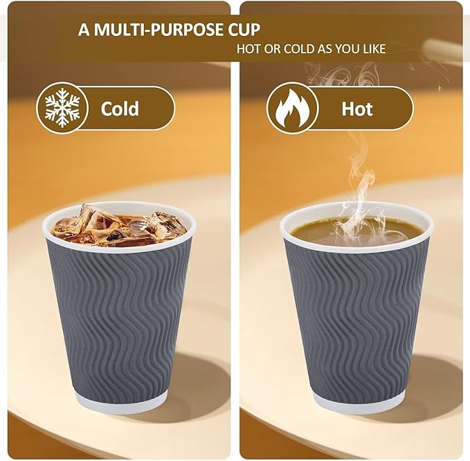 100 Pack 16 oz Disposable Coffee Cups with Lids, Insulated Ripple Wall To-Go Paper Coffee Cups Suitable for Chocolate Cocoa and Hot/Cold Drinks (Grey)