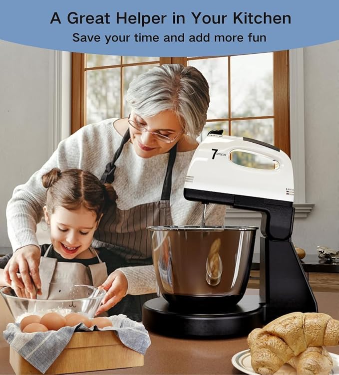 Stand Mixers, 7 Speeds With 3QT Stainless Steel Bowl, Stand and Hand Mixer with Dough Hook, Whisk, Mixing Beater for Baking, Cake, Cookie, Kneading (BU2)