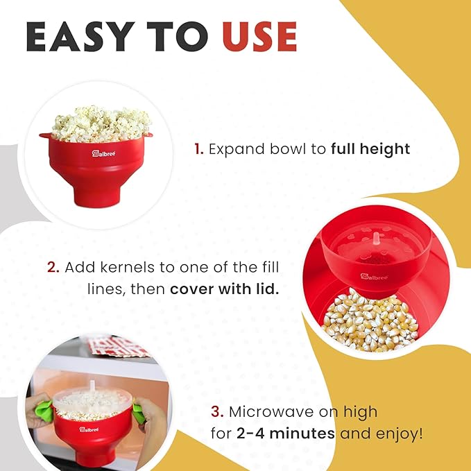 The Original Salbree Collapsible Silicone Microwave Popcorn Popper Maker Machine, Microwavable Bowl Holds 16 Cups, Uses Hot Air and Oil Always Optional - The Most Colors Available (Transparent)