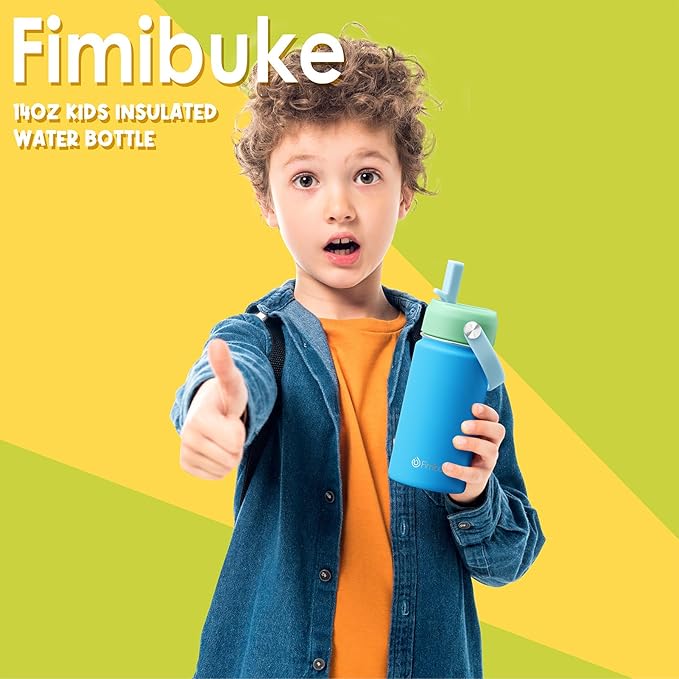 Fimibuke Kids Insulated Water Bottle, 14oz BPA FREE Double Wall Vacuum Tumbler 18/8 Stainless Steel Leak Proof Kids Cups with Straw Metal Water Bottle for School Boys Girls (2 Pack, Underwater World)