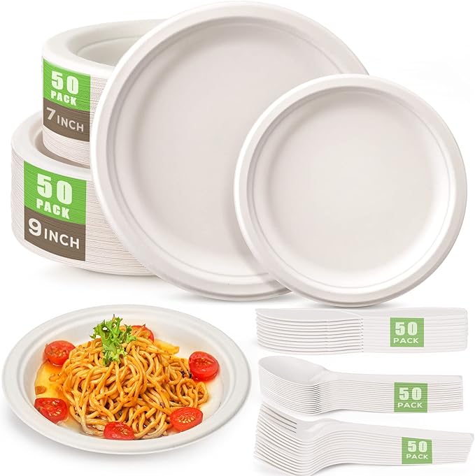 Gezond Compostable Paper Plates 250pcs Disposable Plates Heavy-Duty Paper Plates Biodegradable White Plates for Party Sugarcane Plates Cornstarch Forks Knives Spoons for 50 Guests