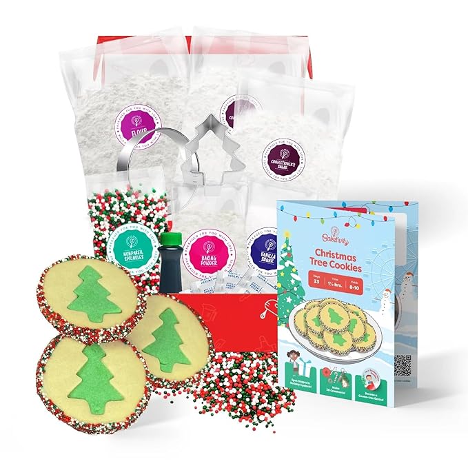 Baketivity Christmas Tree Cookies - DIY Baking Kit for Kids - Fun Little Junior Chef Essential Kitchen Lessons, Includes Pre-Measured Ingredients