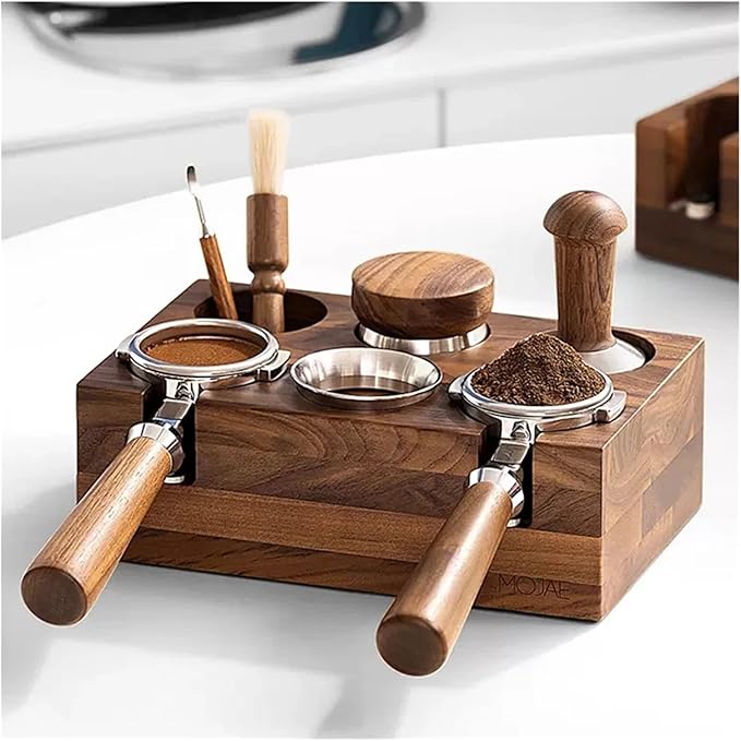 Walnut Wood Coffee Filter Holder, Espresso Tamper Mat Stand, Coffee Maker Support Base Rack, Barista Accessories(Gold)
