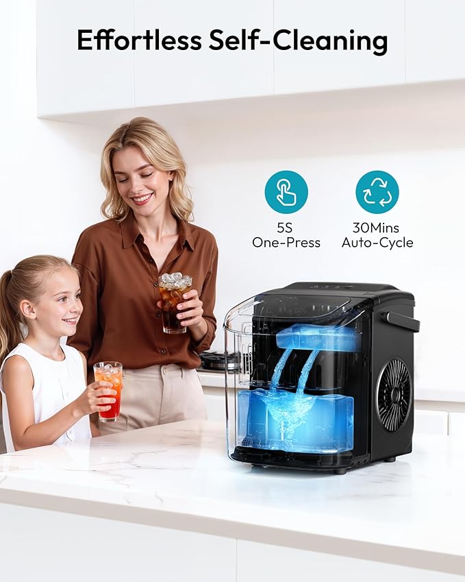 EUHOMY Countertop Ice Maker Machine with Handle, 26.4lbs in 24Hrs, 9 Ice Cubes Ready in 6 Mins, Self-Cleaning Portable Ice Maker with Basket and Scoop, for Home/Kitchen/Camping/RV. (Black)