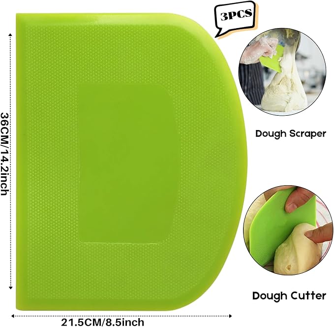 SURDOCA Dough Scraper Bench Scraper - 3P 14.2x8.5" Plastic Flexible Bowl Scraper, Sharp Edge & Angles Cake Scraper. Non-Slip Bakeware Decorating Tools Sculpting & Modeling Tools - Green+White+Green