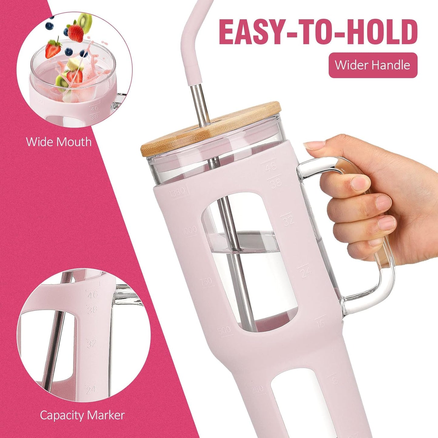 Glass Tumbler with Lid and Straw, 46 oz Iced Coffee Cup with Handle, Large Water Bottles with Silicone Sleeve, Glass Cup with Straws - Pearl Straw & Drinking Straw BPA Free-CottonPink