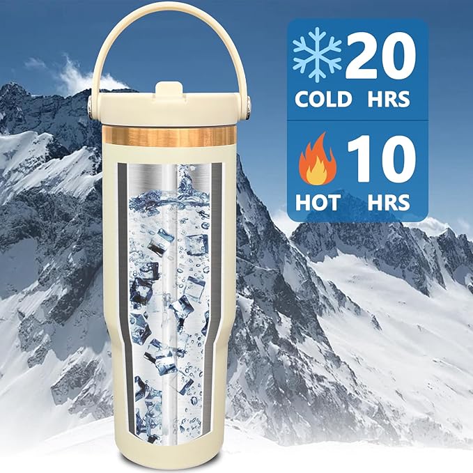 30 oz Tumbler with Handle and Straw, Vacuum Insulated Tumblers with Flip Straw and Top Handle, Leakproof Powder Coated Tumbler, Stainless Steel Travel Mug for Coffee Water (Cream, 1 Pack)