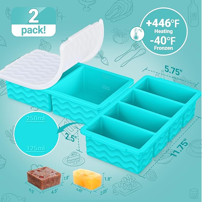 Silicone Freezer Molds for Soup with Lid, 1-Cup & 2-Cup Large Ice Cube Trays Food Storage Containers for Meal Prep, Freeze 500mL/250mL/125mL Portions – 2 Pack