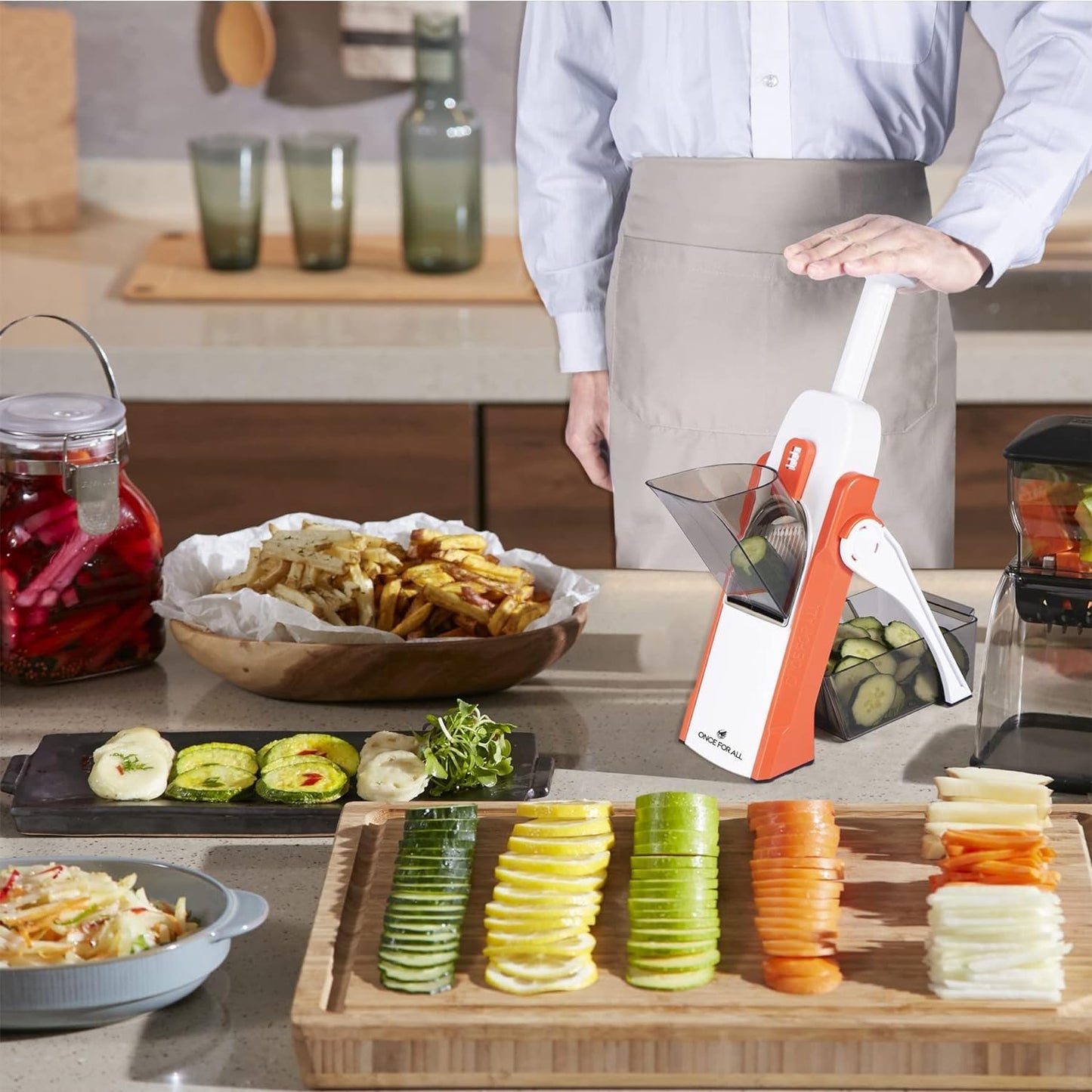 ONCE FOR ALL Safe Mandoline Slicer 5 in 1 Vegetable Cutter, Strips Julienne Dicer Adjustable Thickness 0.1-8 mm for Kitench Fast Meal Prep (Orange)