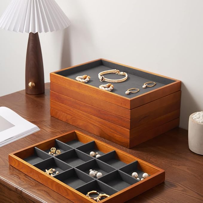 Oirlv 24 Grid Wood Jewelry Tray Microfiber Interior Jewelry Drawer Organizer Showcase Display Box Ring Earrings Holder(Grey)