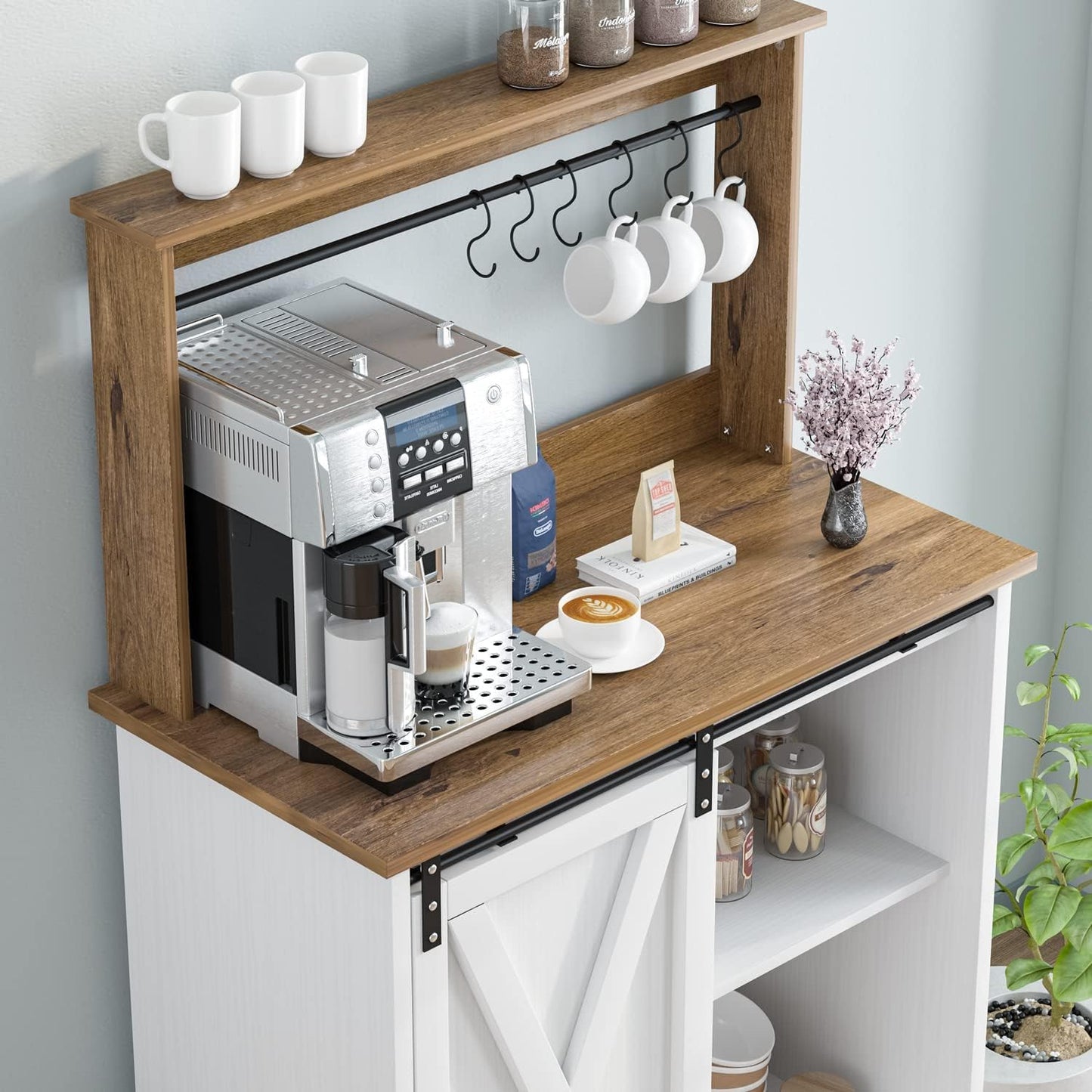 4ever2buy Farmhouse Coffee Bar Cabinet with Storage, White Coffee Bar with Hutch and 6 Hooks, 31.5 Inch Hutch Cabinet with Sliding Barn Door and Adjustable Shelves for Living Room