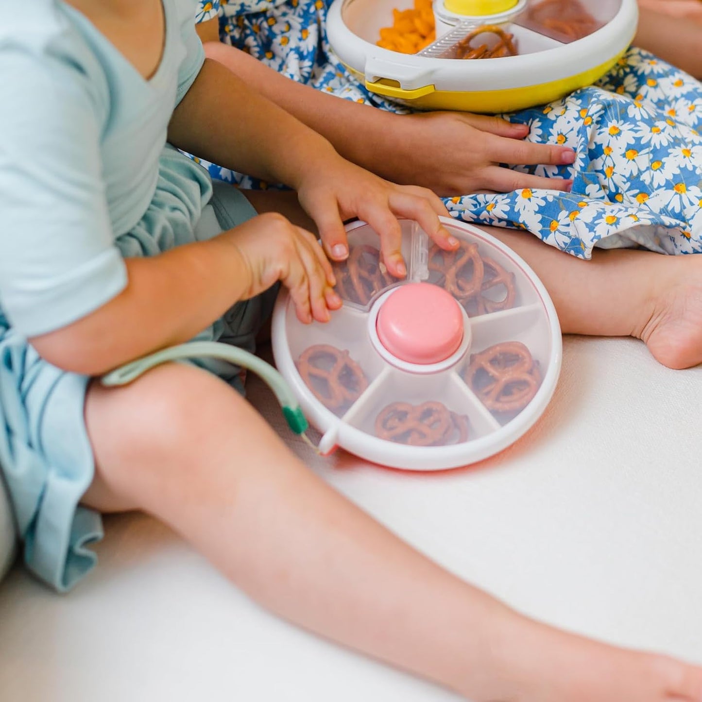GoBe Kids Small Snack Spinner Flip Bundle with Hand Strap and Sticker Sheet - Reusable Snack Container with 5 Compartment Dispenser and Lid | BPA/PVC Free | Dishwasher Safe | No Spill- GoBe Grey