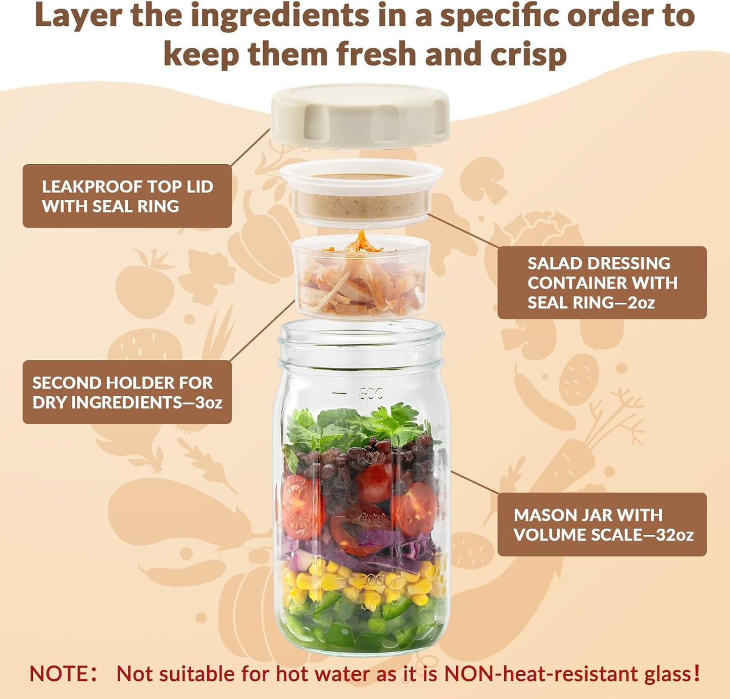 SOLIGT 4 Pack Glass Salad Jars with Lids Meal Prep, Leakproof Container for Lunch, Two Small Built-in Boxes with Wet/Dry Separation for Salad Dressing and Dry Ingredients, 32oz Mason Jars