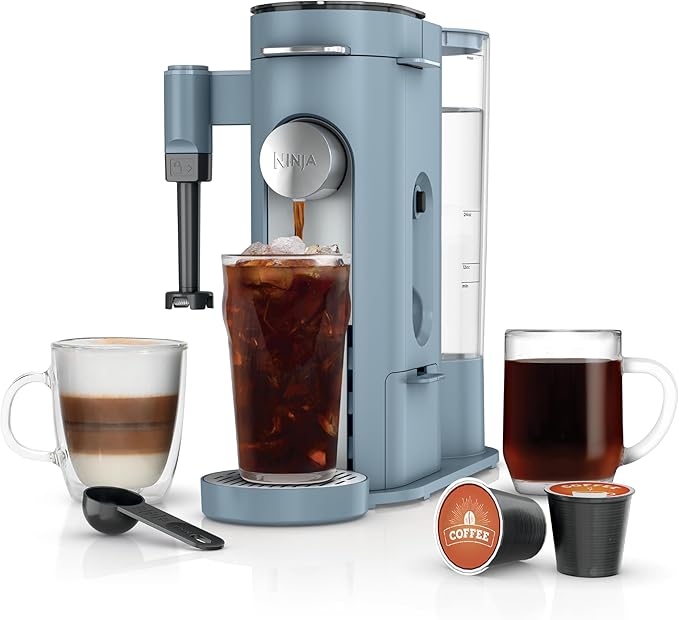 Ninja Pod & Grounds Specialty XL Single-Serve Coffee Maker, K-Cup Pod Compatible, Brews Grounds, Compact Design, Built-In Milk Frother, 68-oz. Reservoir, 6oz. Cup-24oz. Mug Sizes, Denim Blue, PB055ABL