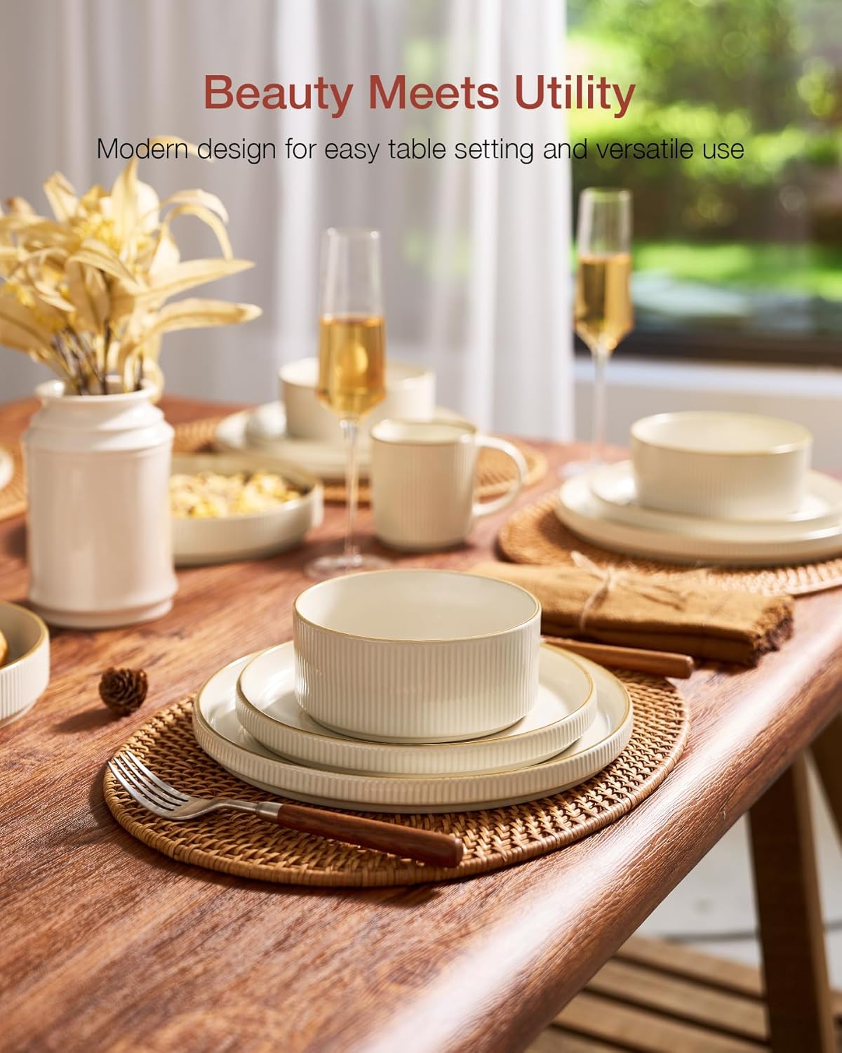 Famiware Star Dinnerware Set, Plates and Bowls Sets for 4 (12pcs), Ribbed Stoneware Dishes - Chip & Scratch Resistant, Microwave & Dishwasher Safe Tableware, Vanilla White