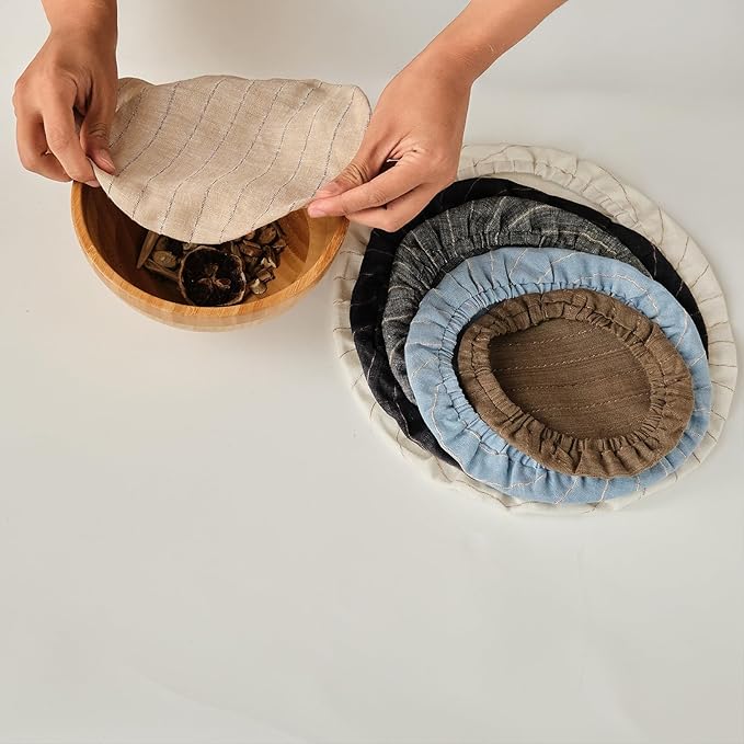 100% Pure Linen Bowl Covers For Bread Proofing, 4 Pcs Elastic Reusable Bowl Covers Large Ticking Striped Cloth Fabric Stretch Sourdough Lids, 6 * 8 * 10 * 12 Inches- Black