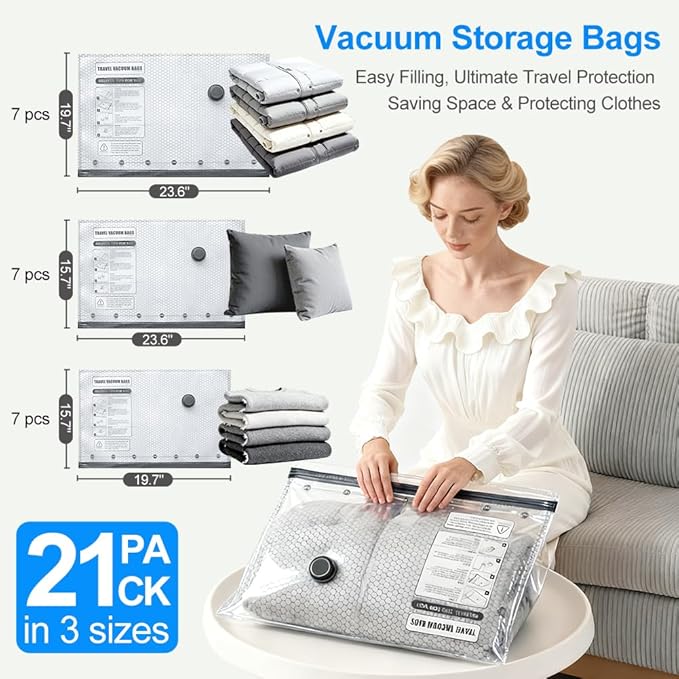 21 Pack Vacuum Seal Bags for Clothing Travel with Wireless Electric Air Pump, 7 Large +7 Medium +7 Small, Reusable Space Saver Bags for Luggage and Suitcase, Cruise & Travel Essentials