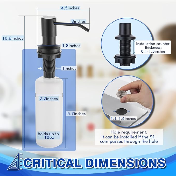 Built in Soap Dispenser for Kitchen Sink WEWE, Stainless Steel Matte Black in Counter soap Dispenser Refill from The Top 10oz Large Liquid Bottle