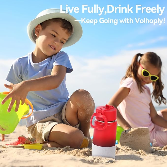 Volhoply 14oz KIds Water Bottle with Straw Lid and Silicone Boot Bulk 2 Pack,Stainless Steel Insulated Cups for Boys & Girls Multipack,Double Wall Vacuum Leakproof Bottles(Red Purple,2)
