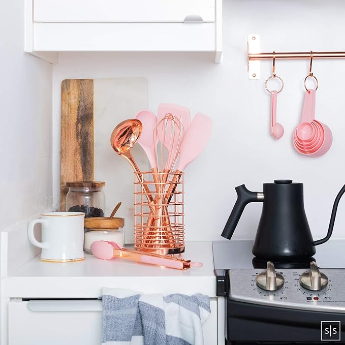 Copper and Pink Kitchen Utensils Set - 17-Piece Silicone Cooking Tools with Copper Utensil Holder and Pink Measuring Cups and Spoons for Baking and Everyday Cooking - Stylish Kitchen Accessories