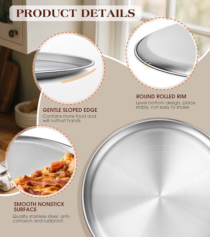 Yuiicaov Stainless Steel Pizza Pan 12 inch, Pizza Pan for Oven, Steel Pizza Tray, Thick Round Pizza Plate Pizza Baking Sheet, Easy Clean & Dishwasher Safe, Set of 1