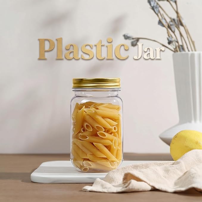 novelinks 16 oz Clear Plastic Jars with Lids, Refillable 16oz Mason Jars with Lids & Storage Containers for Kitchen & Household Use (24 Pack,Gold)