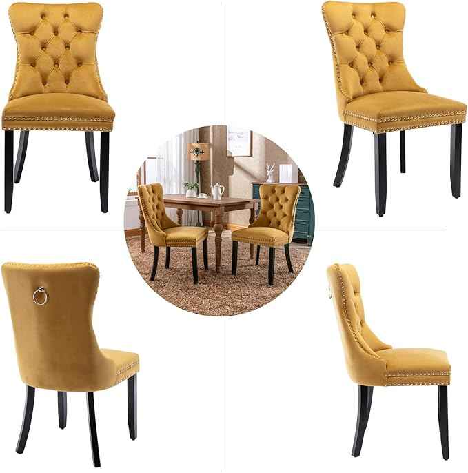 Velvet Dining Chairs Set of 4, Upholstered Dining Room Chairs with Back Ring Pull Trim and Solid Wood Legs,Tufted Wingback Kitchen Chair Perfect for Dining Room,Living Room,Kitchen(Gold)