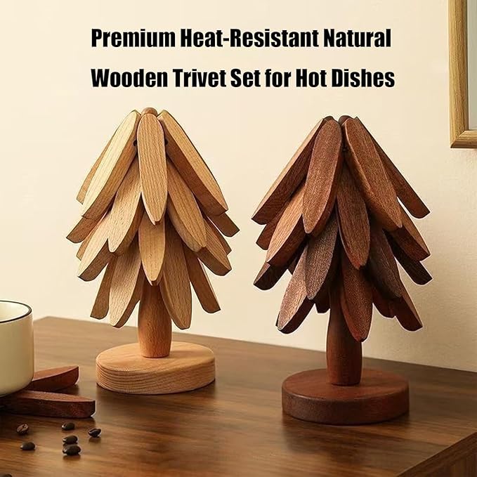 Natural Wood Tree Trivet Set, 𝐍atural Tree Trivet Set - 4 Wooden Trivets,4 Wooden 𝐓rivets & 1 Stand Like a Christmas Trees,for Hot Dish,Pot,Bowl,Teapot,Hot Pot Sets (Natural Wood 3 Trivets,3set)