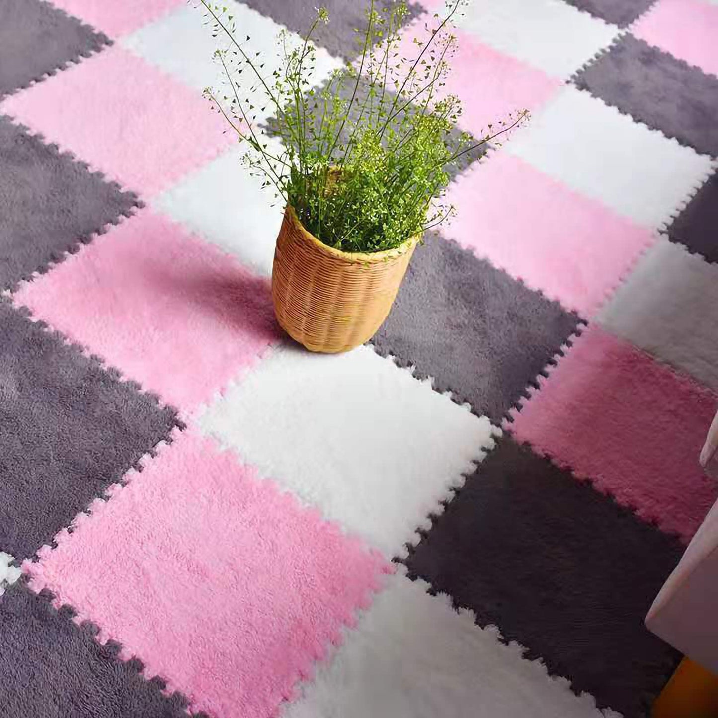 easycustomerlee 12pcs Interlocking Carpet Shaggy Soft EVA Foam Mats Fluffy Rugs Protective Floor Tiles Play Mats for Children Kids Room Home Parlor Bedroom(Pink)