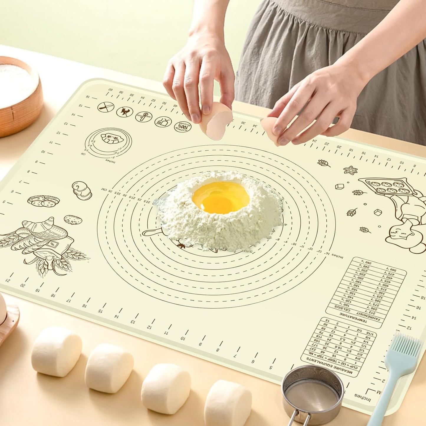 Silicone Baking Mat 32" x 24", Extra Thick Silicone Pastry Mat with Measurements and Edge Heightening, Non-stick Food Grade Dough Rolling Matfor for Pastry, Bread, Cookies, Pizza, Fondant, Pasta