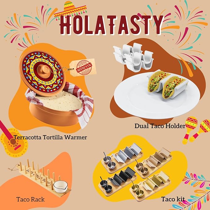 HolaTasty Taco Holder Kit - 2 Pack (Value Pack), 3-in-1 Taco Set of 2-6 slots for Tacos, Fancy Taco Presentation Rack Plate for Taco Tuesday Bar Party, Gifts for Taco Lover Cinco De Mayo Events - Gold