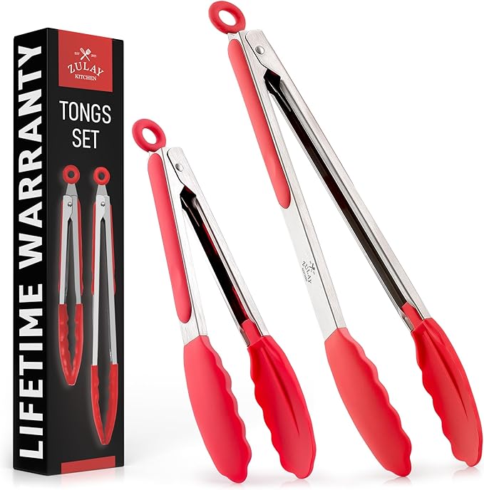 Zulay Stainless Steel Kitchen Tongs with Silicone Tips - Set of 2 (9” & 12”) Locking Cooking Tongs with Non-Slip Grip - Heat Resistant, BBQ Food Tongs for Non-Stick Cooking Pans (Silver/Soft Red)