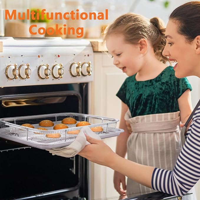Air Fryer Basket for Oven, 15.6" x 11.6" Large Air Fryer Tray and Pan with 30 PCS Parchment Papers, Stainless Steel Oven Air Fryers Basket and Air Fryer Pan Rack for Cooking Baking and Broiling