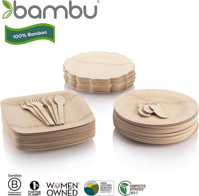 Bambu Pack of 25-9 Inch Disposable Bamboo Plates Fancy, Biodegradable Eco Friendly Products, Bamboo Disposable Plates for Party, Weddings, and Events, Great For Any Occasion, Compostable Plates