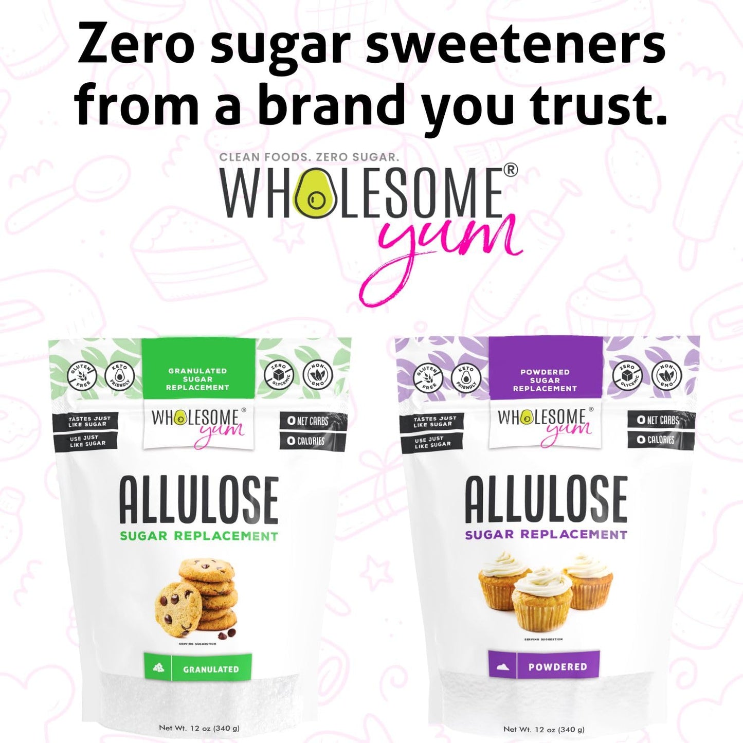 Wholesome Yum Powdered Allulose Sweetener - Natural Keto Powdered Sugar Substitute - Non GMO, Zero Carb, 0 Calorie, Sugar Free, No Aftertaste - Confectioners Sugar Replacement (12 oz, 2 Pack)