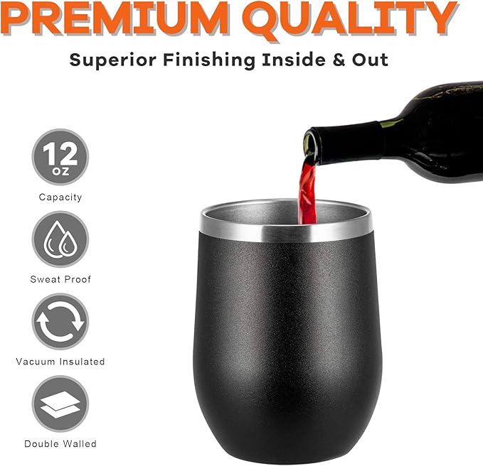 COMOOO 12oz Stainless Steel Wine Tumbler with Lid and Straw, Double Wall Vacuum Insulated Wine Tumbler Cup, Stemless Wine Tumbler for Cold and Hot Drinks, Coffee, Wine, Cocktails, Black, 12 Pack