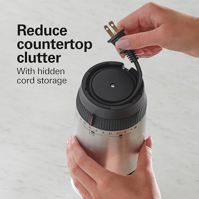 Hamilton Beach Custom Grind Electric Coffee Grinder for 4-14 Cups, One-Press Hand-Free Operation with Auto Shutoff, Removable Grinding Bowl For Easy Pour and Clean, Stainless Steel (80406)