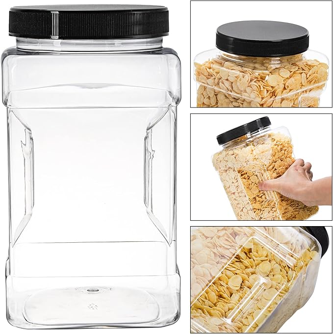 Lawei 3 Pack Square Clear Plastic Jars, 98 Oz Wide Mouth Storage Containers with Screw-On Lids, Refillable BPA Free Empty PET Jars for Dry Goods Peanut Cookies Candy, Easy Grip Airtight Storage Jar