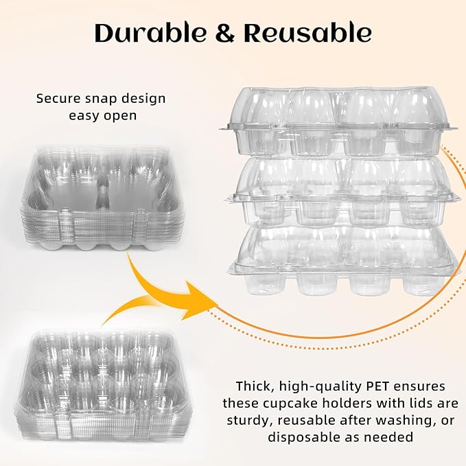 WIKDAY 12 Count x 20 Sets Plastic Cupcake Containers, Durable and BPA-Free Cupcake Holder with Lid for Easy Transport Storage, Stackable Clear Cupcake Carriers, Reusable Dessert Boxes