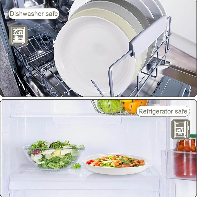 12 Pcs Unbreakable Deep Dinner Plates Set, 9 inch Reusable Plastic Wheat Straw Plates, Microwave and Dishwasher Safe Plate for Kitchen, Lightweight Plate for Dessert, BPA Free, Beige