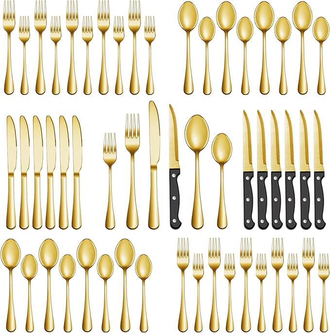 48 Pcs Gold Silverware Set with Steak Knives, Stainless Steel Flatware Cutlery Set Service for 8, Kitchen Tableware Sets, Utensil Sets for Home and Restaurant, Knives Forks Spoon, Dishwasher Safe