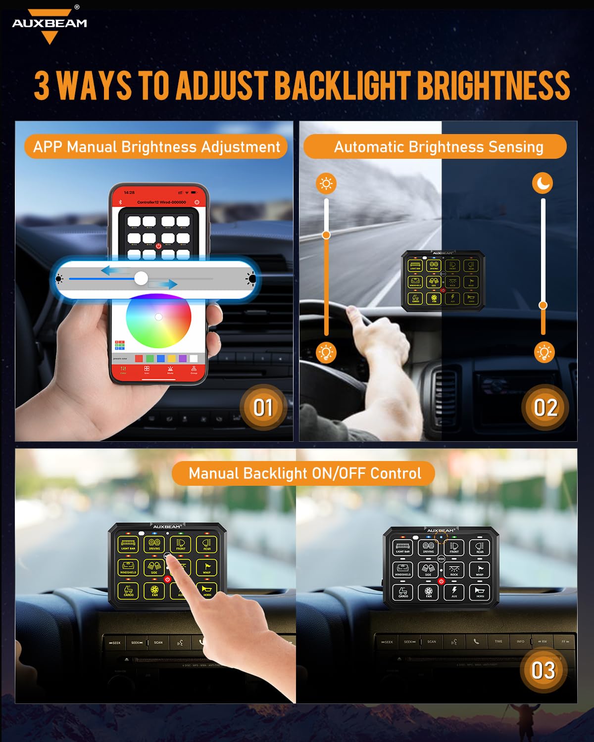 Auxbeam 12 Gang Switch Panel Bluetooth RGB AC-1200 with APP&Remote Control Toggle Momentary Pulsed Switch Pod Off Backlight for Truck Offroad UTV ATV Car Marine 12-24V Waterproof 2 Years Warranty