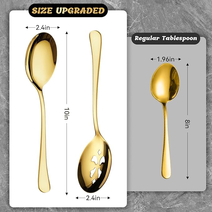 8 Piece Stainless Steel Serving Spoon Set - 4 Large, 4 Slotted,Dishwasher Safe,10-Inch,Gold, for Parties/Kitchen/Buffet/Catering