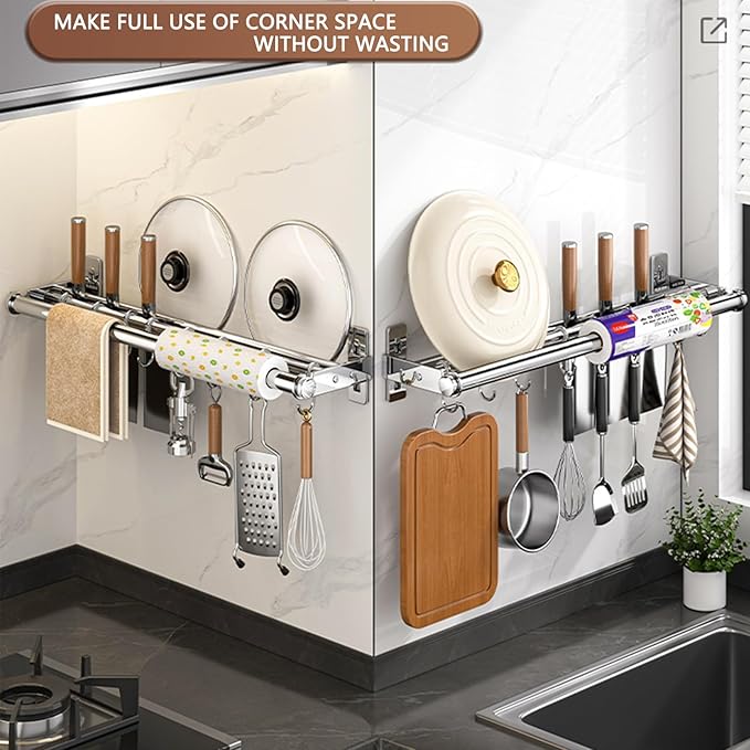 Hanging Wall Mount knife Wall Mount, Kitchen Organizer Storage Shelf for Utensils Spatula Spoon, Space-Saving Knife Rack with Hooks,Wall-Mounted Utensil Holder (Grey, 50CM+Three Poles+8Hooks)