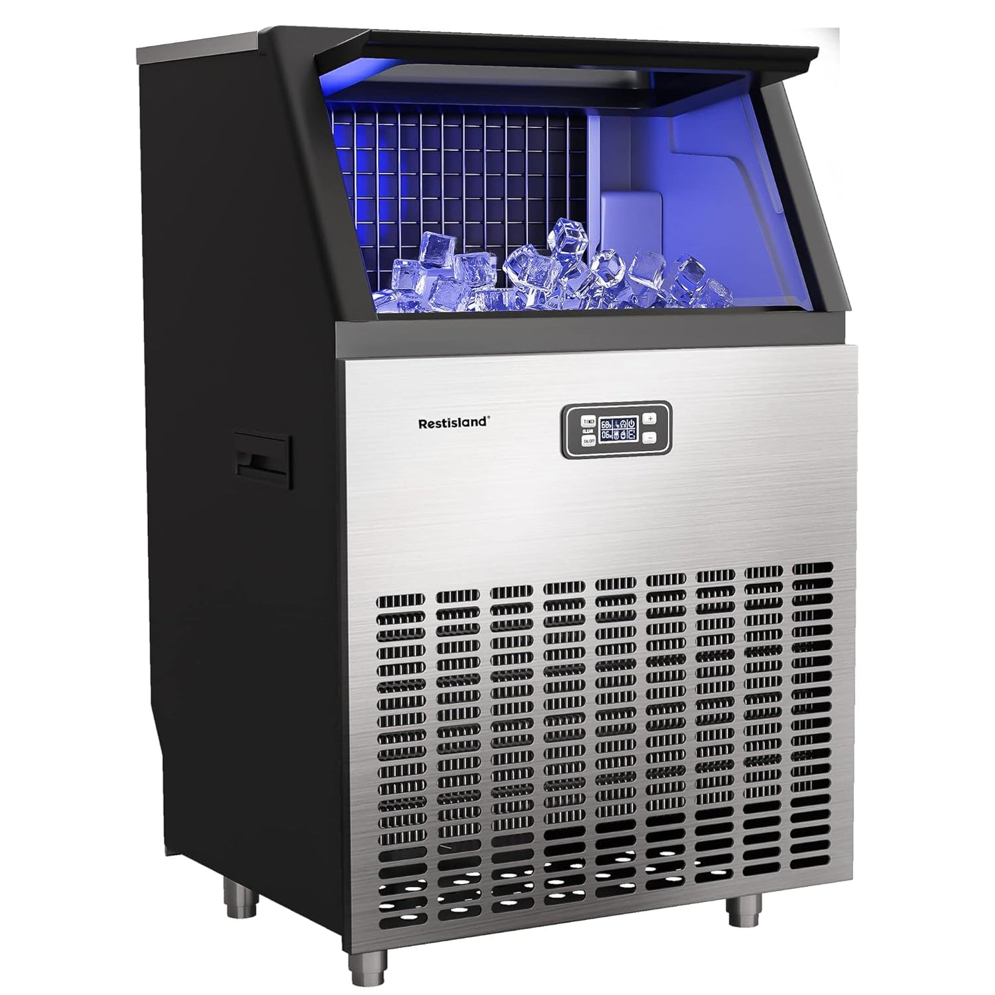 Commercial Ice Maker Machine, 270 lbs/24 Hours, 48 lbs Storage Bin, Stainless Steel, Blue Light, Freestanding, Great for Home or Business, Includes Ice Scoop, Connecting Hose
