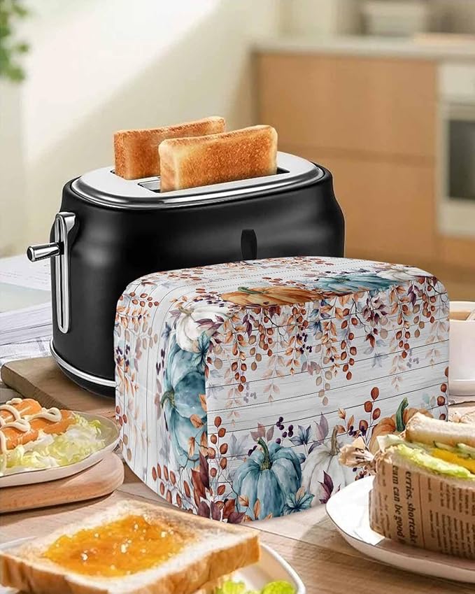 Orange Blue Pumpkins Fall Toaster Cover 2 Slice, Thanksgiving Eucalyptus Dustproof Bakeware Oven Protector with Hook, Gray Wooden Waterproof Small Kitchen Appliance Toasters Dust Cover, 12"x7.5"x8"