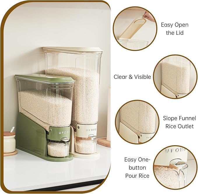 Rice Dispenser 22Lbs, Slim Rice Storage Container for Small Space, BPA-Free Clear Dry Food Dispenser Sealed Moisture Proof, Grain&Cereal Storage Bucket for Kitchen Pantry Household, Cream White