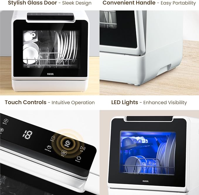 HAVA Countertop Dishwasher, 8 Wash Programs NEW Upgraded Model Portable Dishwasher with Child Lock & Delayed Start Function, 5L Water Tank for Apartments, Dorms, and RVs - No Hookup Needed