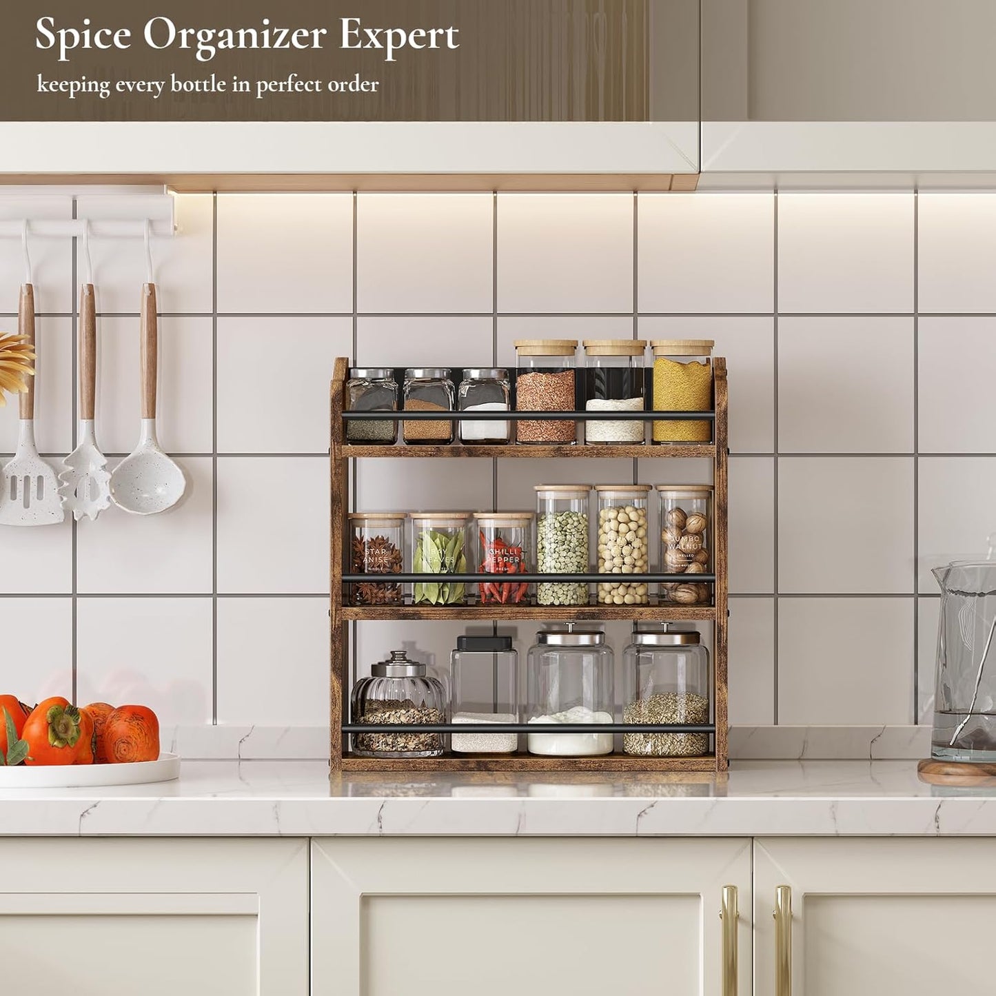 Spice Rack Wall Mounted, Wood 3 Tier Spice Rack for Countertop, Vertical Spice Organizer for Spice Jars and Seasonings, Hanging Spice Shelf for Kitchen Cabinet, or Pantry, Rustic Brown