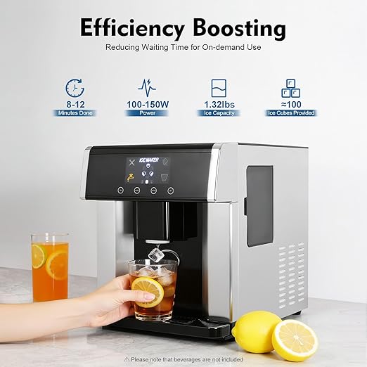 2-in-1 Nugget Ice Maker & Cold Water Dispenser, Portable Countertop Ice Maker Dispenser with LCD Display Self-Cleaning Mode, Touch Control 8-12mins Electric Ice Dispenser for Home, Office